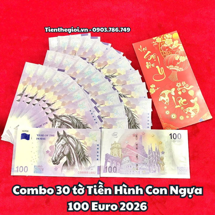 Combo 30 tờ Tiền Lì Xì 100 Euro Hình Con Ngựa 2026